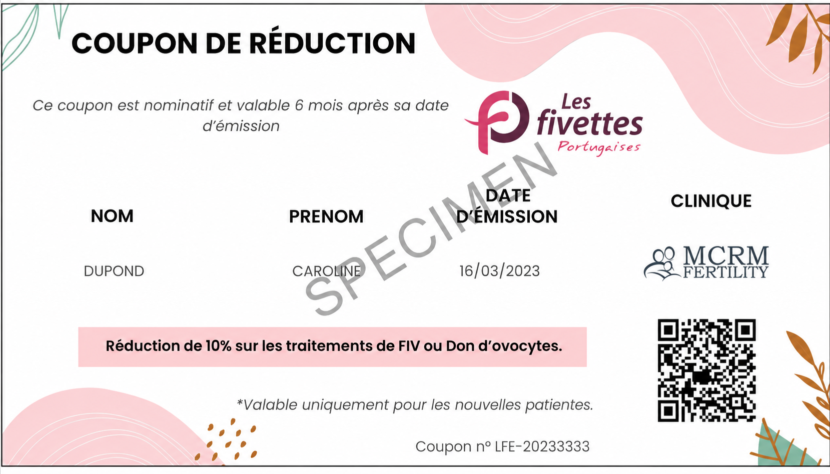 Spécimen — coupon de réduction Les Fivettes Portugaises